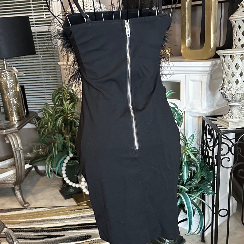 Hot & Delicious Black Feather Trim Midi Dress - Picture 4 of 4